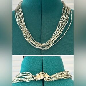 Rare Vintage. Silver Beaded Necklace. Rhinestone & Pearl Caste Clasp.